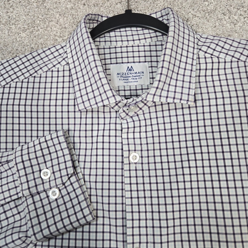 Mizzen Main Shirt Mens XL Trim Fit blue check Long Sleeve Button Up performance